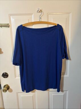Women's Royal Blue Short-Sleeve Boatneck Top with Shoulder Buttons